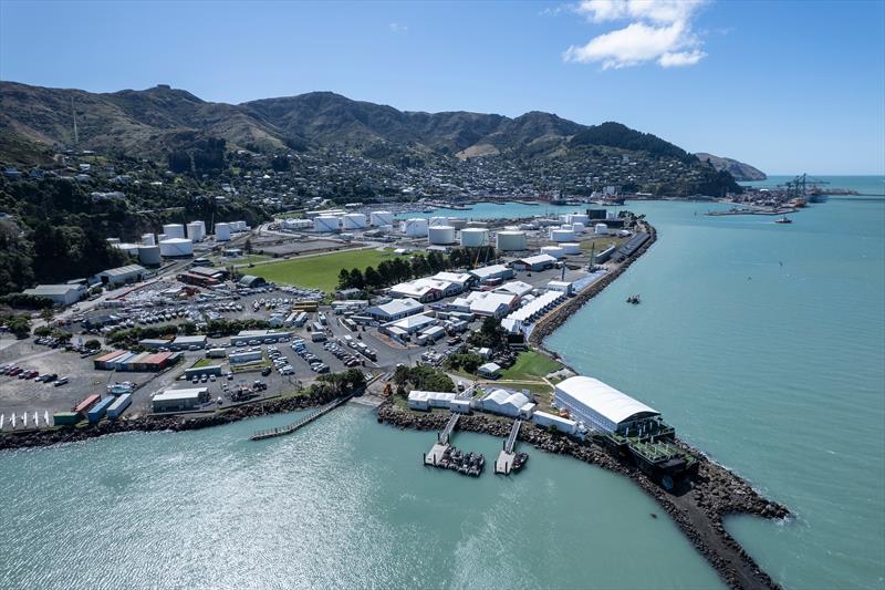 Aerial view of the technical area and Adrenaline Lounge in Lyttleton Harbour ahead of the ITM New Zealand Sail Grand Prix in Christchurch photo copyright Ricardo Pinto/SailGP taken at Naval Point Club Lyttelton and featuring the F50 class