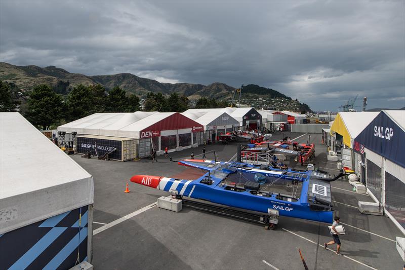 A general view of the technical area and team hangars ahead of the ITM New Zealand Sail Grand Prix in Christchurch photo copyright Ricardo Pinto/SailGP taken at Naval Point Club Lyttelton and featuring the F50 class