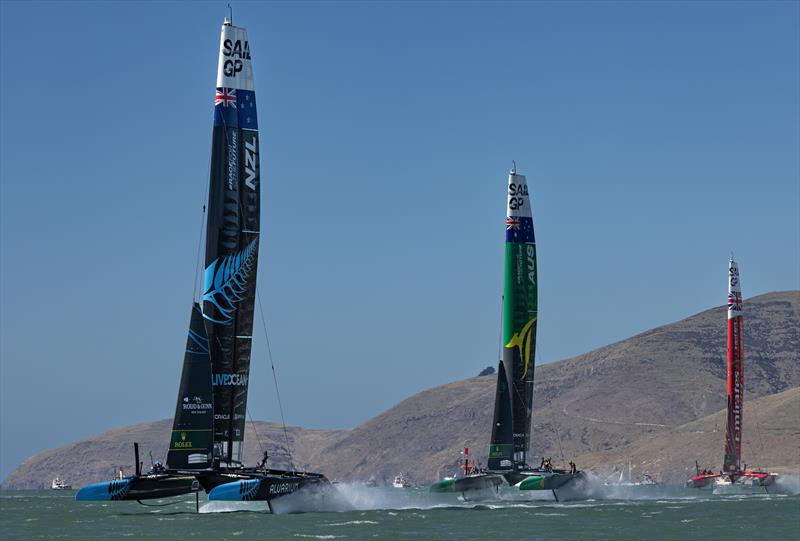 New Zealand SailGP Team  Australia SailGP Team and Emirates Great Britain SailGP Team in action on Race Day 1 of the ITM New Zealand Sail Grand Prix in Christchurch photo copyright David Gray/SailGP taken at Naval Point Club Lyttelton and featuring the F50 class