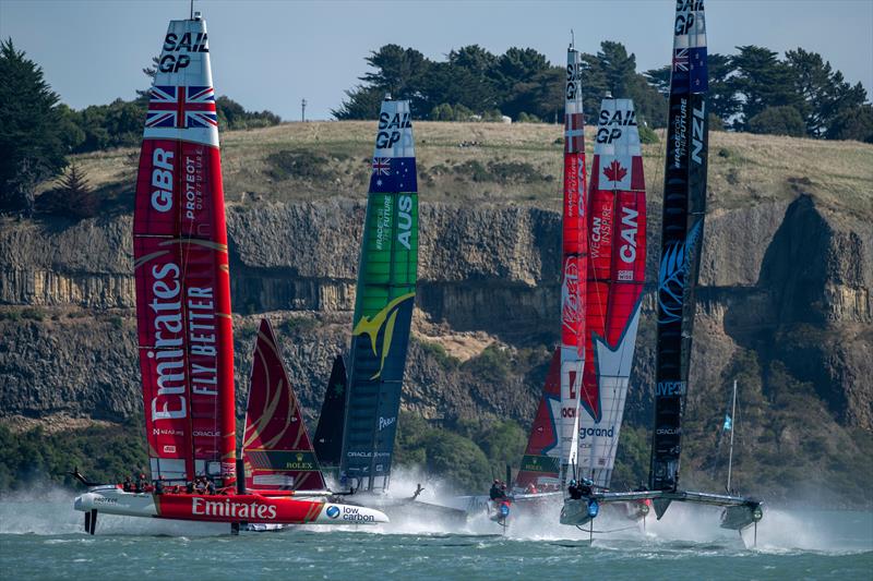 The fleet in action on Race Day 1 of the ITM New Zealand Sail Grand Prix in Christchurch photo copyright Ricardo Pinto/SailGP taken at Naval Point Club Lyttelton and featuring the F50 class