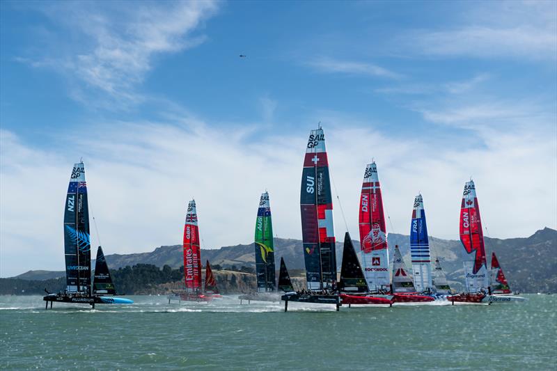 The fleet in action on Race Day 1 of the ITM New Zealand Sail Grand Prix in Christchurch photo copyright Ricardo Pinto/SailGP taken at Naval Point Club Lyttelton and featuring the F50 class