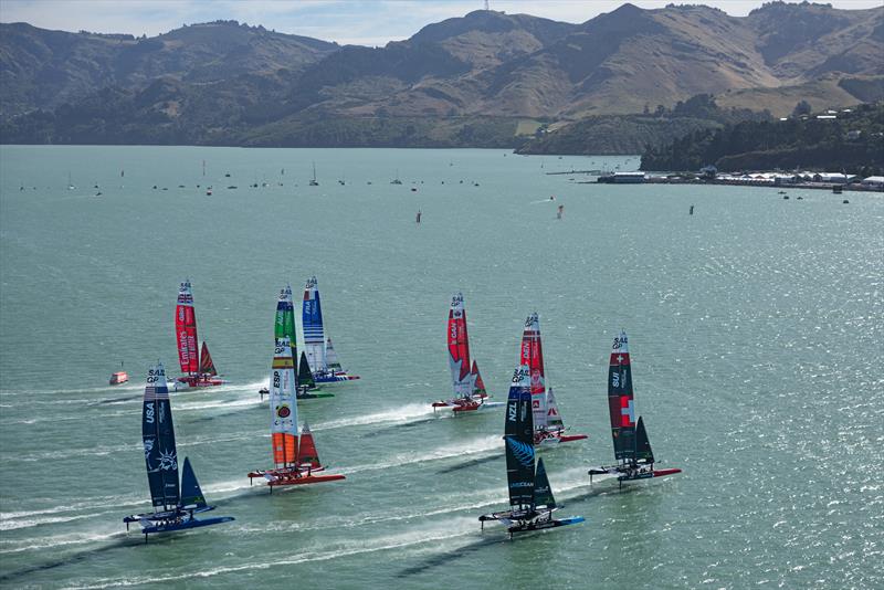 The SailGP fleet in action on Race Day 1 of the ITM New Zealand Sail Grand Prix in Christchurch, New Zealand photo copyright Simon Bruty for SailGP taken at  and featuring the F50 class
