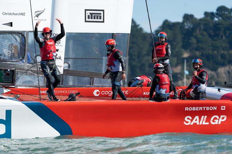 Tim Hornsby, grinder of Canada SailGP Team, celebrates with his team-mates after they won the Final race on Race Day 2 of the ITM New Zealand Sail Grand Prix in Christchurch - photo © Bob Martin/SailGP