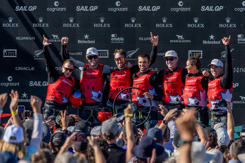 Chris Draper, wing trimmer, Billy Gooderham, flight controller, Graeme Sutherland, wing trimmer,Tom Ramshaw, tactician and grinder,Isabella Bertold, strategist and Phil Robertson, driver of Canada SailGP Team photo copyright Simon Bruty/SailGP taken at Naval Point Club Lyttelton and featuring the F50 class