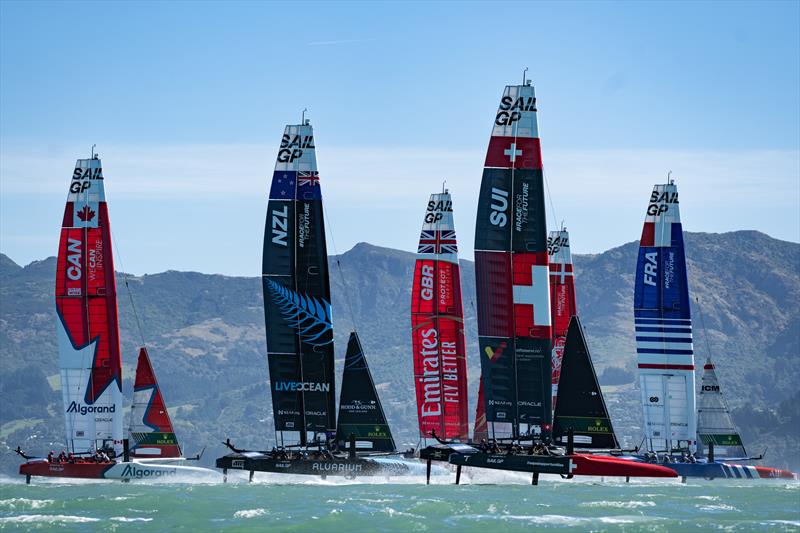 The SailGP F50 catamaran fleet in action on Race Day 2 of the ITM New Zealand Sail Grand Prix in Christchurch photo copyright Bob Martin/SailGP taken at Naval Point Club Lyttelton and featuring the F50 class