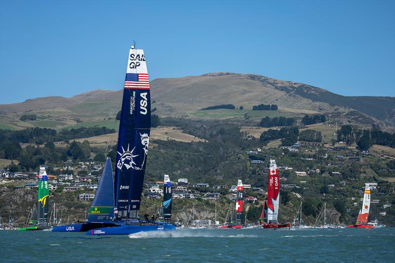 The fleet in action on Race Day 2 of the ITM New Zealand Sail Grand Prix in Christchurch, New Zealand photo copyright Simon Bruty for SailGP taken at  and featuring the F50 class