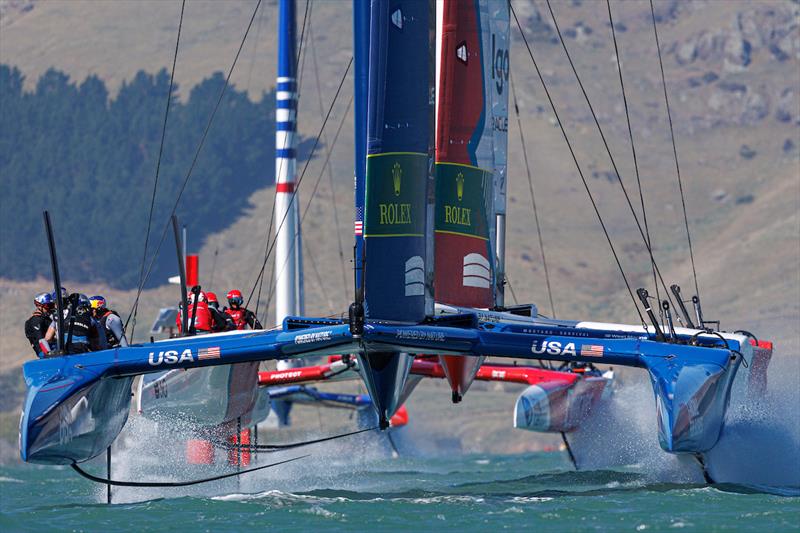 USA SailGP Team helmed by Jimmy Spithill and Canada SailGP Team helmed by Phil Robertson in action on Race Day 2 of the ITM New Zealand Sail Grand Prix in Christchurch, New Zealand photo copyright Felix Diemer for SailGP taken at  and featuring the F50 class