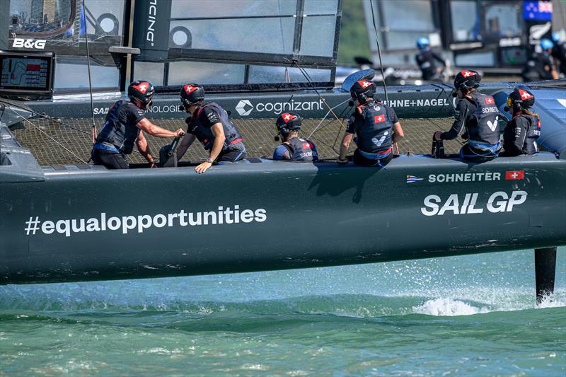 Switzerland SailGP Team helmed by Sebastien Schneiter in action during a practice session on Race Day 1 of the ITM New Zealand Sail Grand Prix in Christchurch, New Zealand. Saturday 18th March - photo © Ricardo Pinto for SailGP