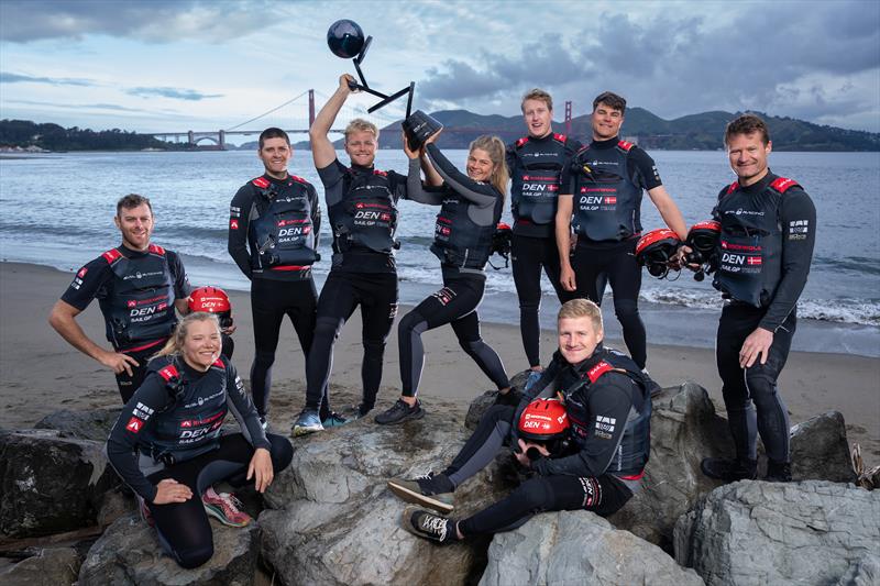 Hans-Christian Rosendahl, grinder of Denmark SailGP Team, and Katja Salskov-Iversen, strategist of Denmark SailGP Team, lift the Impact League trophy as Denmark SailGP Team presented by ROCKWOOL celebrate winning the Season 3 Impact League photo copyright Bob Martin for SailGP taken at  and featuring the F50 class