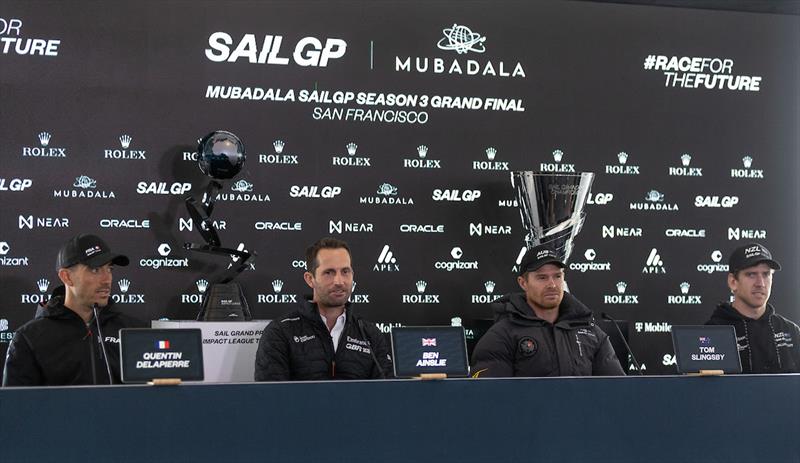 The panel of Quentin Delapierre, driver of France SailGP Team, Ben Ainslie, driver of Emirates Great Britain SailGP Team, Tom Slingsby, CEO and driver of Australia SailGP Team, and Peter Burling, Co-CEO and driver of New Zealand SailGP Team photo copyright Jed Jacobsohn for SailGP taken at  and featuring the F50 class