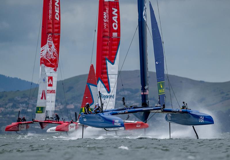 USA SailGP Team helmed by Jimmy Spithill, Canada SailGP Team helmed by Phil Robertson and Denmark SailGP Team presented by ROCKWOOL helmed by Nicolai Sehested in action during a practice session ahead of the Mubadala SailGP Season 3 Grand Final photo copyright Ricardo Pinto for SailGP taken at  and featuring the F50 class