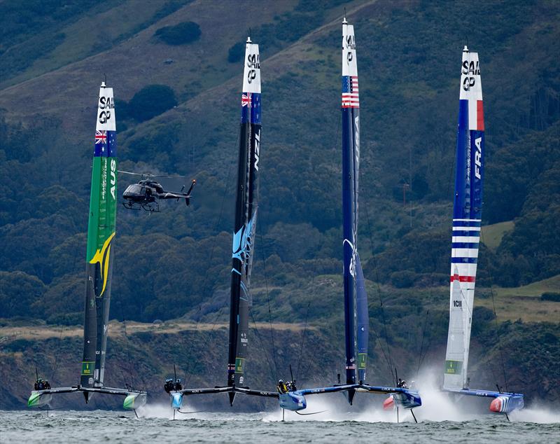 The SailGP fleet in action during a practice session ahead of the Mubadala SailGP Season 3 Grand Final in San Francisco, USA photo copyright Ricardo Pinto for SailGP taken at  and featuring the F50 class