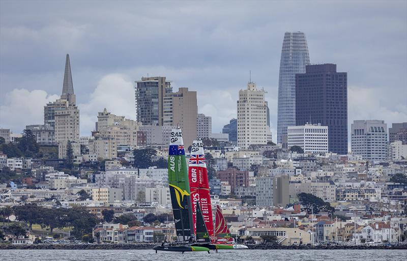 Australia SailGP Team helmed by Tom Slingsby and Emirates Great Britain SailGP Team helmed by Ben Ainslie sail past the city skyline during a practice session ahead of the Mubadala SailGP Season 3 Grand Final in San Francisco, USA. Friday 5th May - photo © Felix Diemer for SailGP