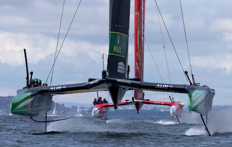 Australia SailGP Team helmed by Tom Slingsby ahead of Emirates Great Britain SailGP Team helmed by Ben Ainslie during racing on Race Day 1 of the Mubadala SailGP Season 3 Grand Final in San Francisco, USA photo copyright Loren Elliott for SailGP taken at  and featuring the F50 class