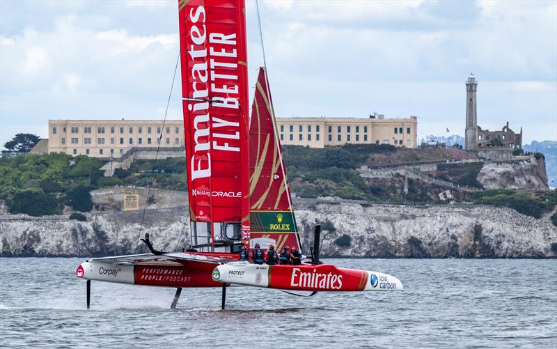 Emirates Great Britain SailGP Team helmed by Ben Ainsliesailing past Alcatraz Island during a practice session ahead of the Mubadala SailGP Season 3 Grand Final in San Francisco, USA photo copyright Jason Ludlow for SailGP taken at  and featuring the F50 class