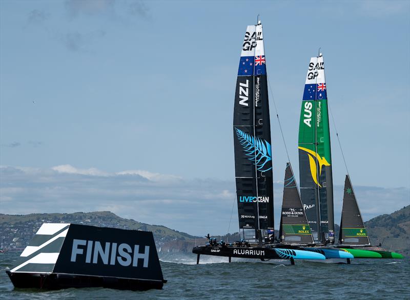 New Zealand SailGP Team and Australia SailGP Team pass the finish marker on Race Day 2 of the Mubadala SailGP Season 3 Grand Final in San Francisco, USA. Sunday, May 7, 2023 - photo © Ricardo Pinto/SailGP