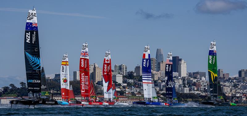 The SailGP fleet sail past the city skyline on Race Day 2 of the Mubadala SailGP Season 3 Grand Final in San Francisco, USA photo copyright Bob Martin/SailGP taken at  and featuring the F50 class