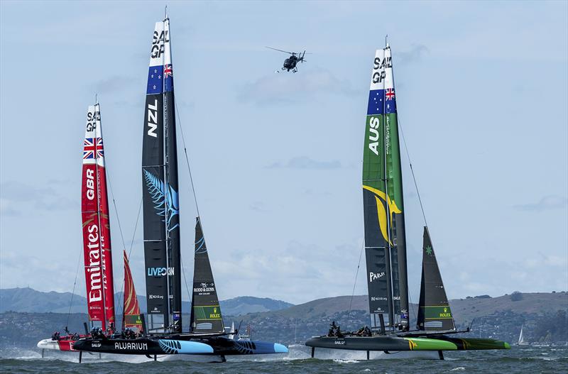 Emirates Great Britain SailGP Team, New Zealand SailGP Team and Australia SailGP Team in action on Race Day 2 of the Mubadala SailGP Season 3 Grand Final in San Francisco, USA. Sunday 7th May photo copyright Ricardo Pinto for SailGP taken at San Francisco Yacht Club and featuring the F50 class