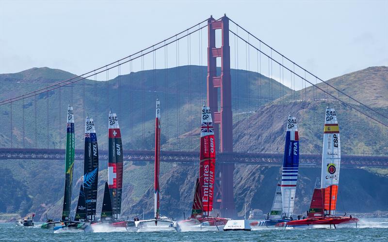 The fleet in action in front of the Golden Gate Bridge on Race Day 2 of the Mubadala SailGP Season 3 Grand Final in San Francisco, USA - photo © Jed Jacobsohn for SailGP