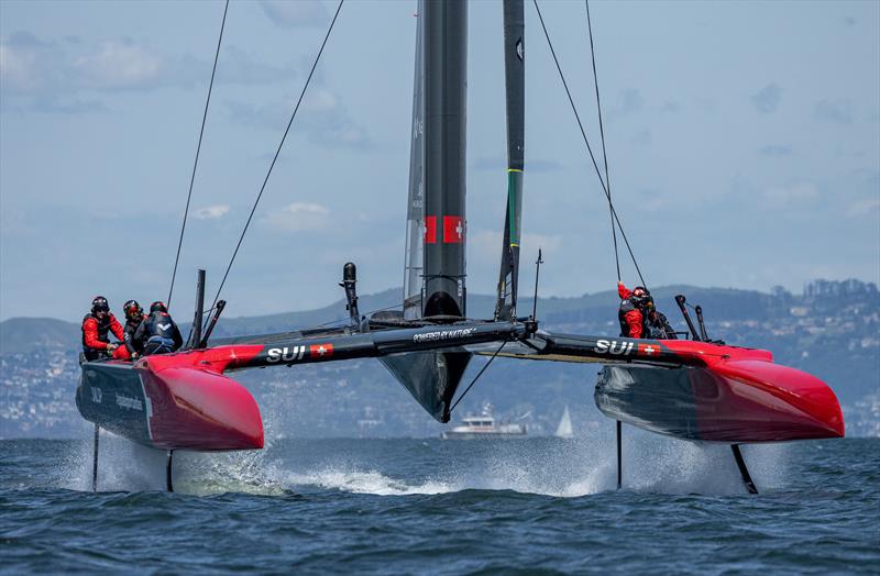 Switzerland SailGP Team helmed by Sebastien Schneiter in action on Race Day 2 of the Mubadala