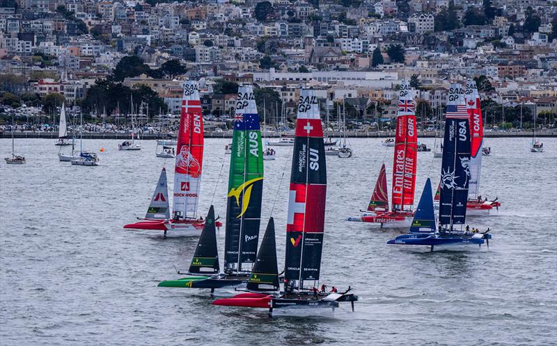 The fleet in action on Race Day 1 of the Mubadala SailGP Season 3 Grand Final in San Francisco, USA photo copyright Bob Martin for SailGP taken at  and featuring the F50 class