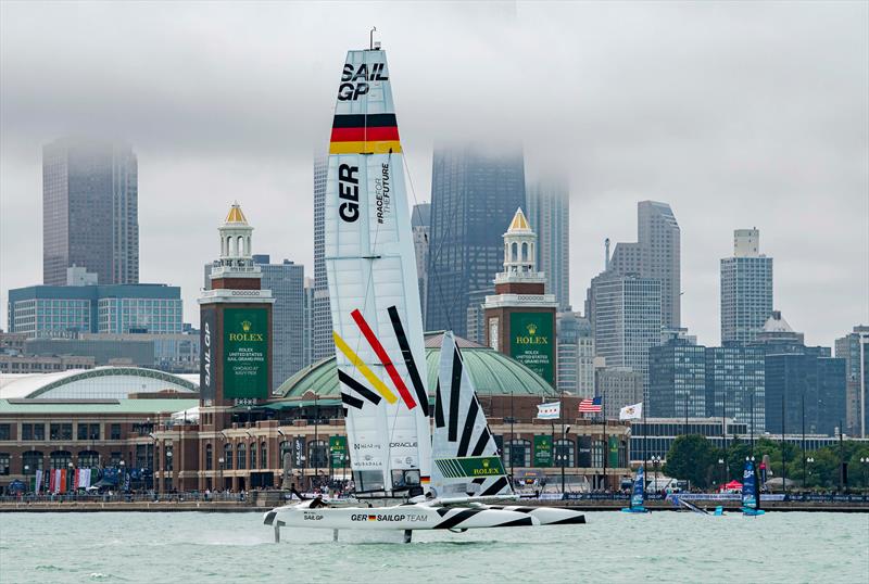 Germany SailGP Team helmed by Erik Heil sail closely past Navy Pier during practice ahead of racing on Race Day 1 of the Rolex United States Sail Grand Prix - photo © Ricardo Pinto/SailGP