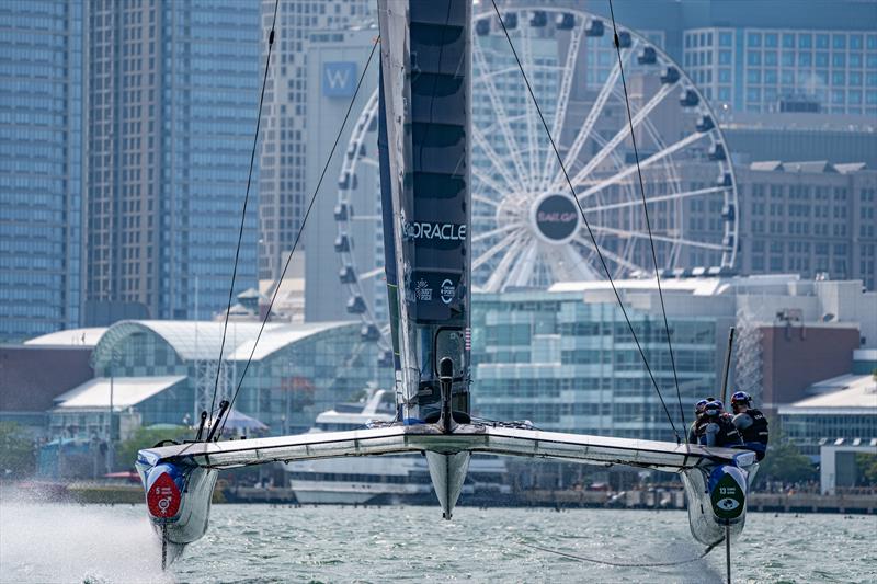 USA SailGP Team helmed by Jimmy Spithill sail toward the Centennial Wheel on Race Day 1 of the Rolex United States Sail Grand Prix | Chicago - photo © Bob Martin/SailGP