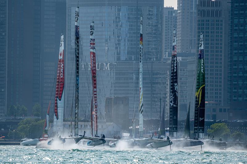 The fleet sail toward the Chicago skyline on Race Day 1 of the Rolex United States Sail Grand Prix | Chicago at Navy Pier, Season 4, in Chicago, Illinois, USA - photo © Bob Martin for SailGP