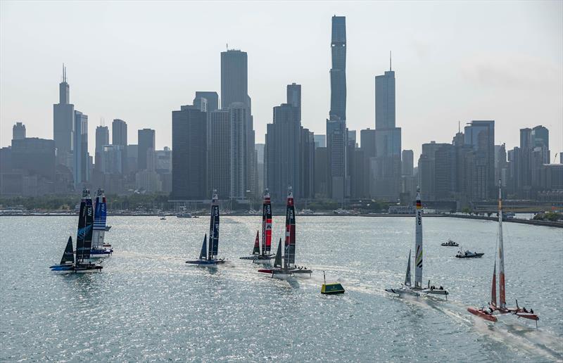 View of the fleet as they sail past the Chicago skyline on Race Day 1 of the Rolex United States Sail Grand Prix | Chicago at Navy Pier, Season 4, in Chicago, Illinois, USA - photo © Simon Bruty for SailGP