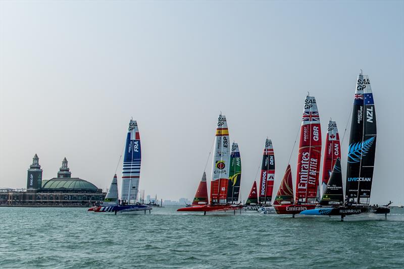 France SailGP Team helmed by Quentin Delapierre leads the fleet past Navy Pier on Race Day 1 of the Rolex United States Sail Grand Prix | Chicago at Navy Pier, Season 4, in Chicago, Illinois, USA - photo © Ricardo Pinto for SailGP