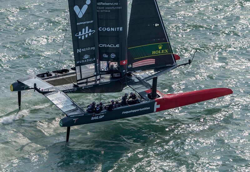 Switzerland SailGP Team helmed by Sebastien Schneiter in action on Race Day 1 of the Rolex United States Sail Grand Prix | Chicago at Navy Pier, Season 4, in Chicago, Illinois, USA - photo © Simon Bruty for SailGP