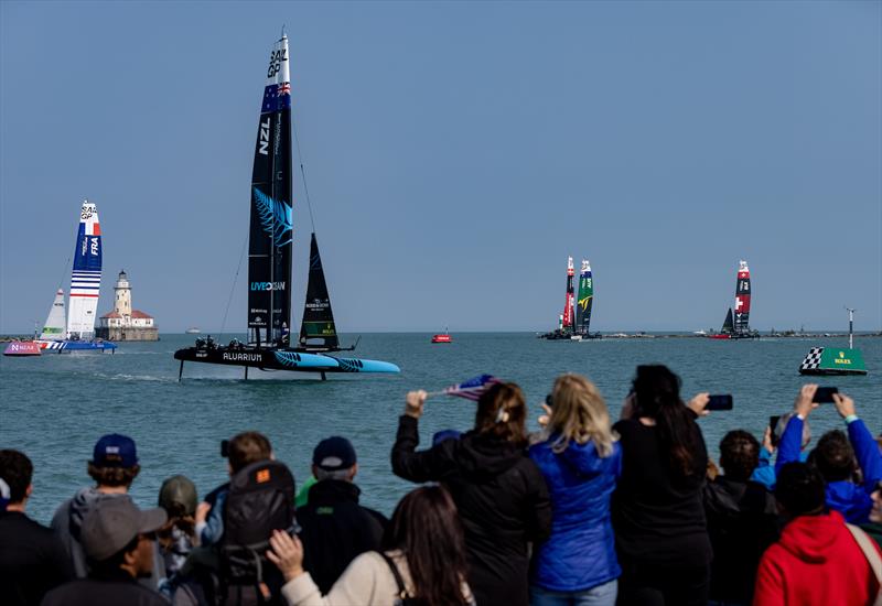New Zealand SailGP Team helmed by Peter Burling sail past the spectators in the SailGP Race Stadium on Race Day 1 of the Rolex United States Sail Grand Prix | Chicago - photo © Katelyn Mulcahy/SailGP