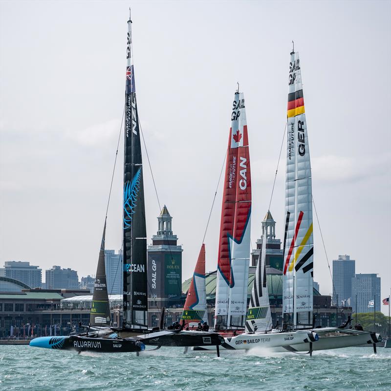 Close sailing between New Zealand SailGP Team, Canada SailGP Team and Germany SailGP Team as they sail toward Navy Pier on Race Day 1 of the Rolex United States Sail Grand Prix | Chicago - photo © Bob Martin/SailGP