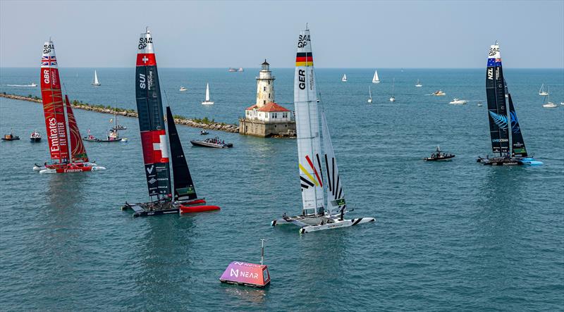 New Zealand leads a block of competitors in a fleet race start - Race Day 2 of the Rolex United States Sail Grand Prix | Chicago photo copyright Simon Bruty / SailGP taken at Lake Michigan Yacht Club and featuring the F50 class