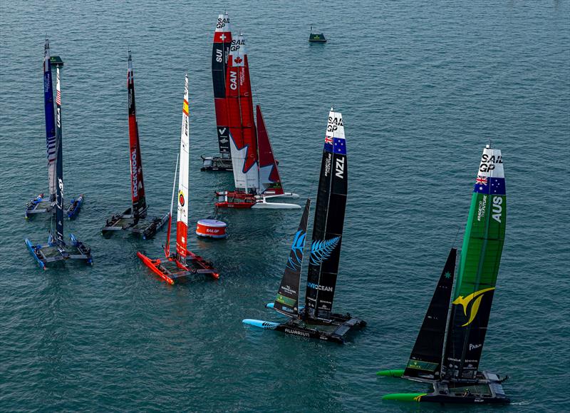 Aerial view of the fleet as they sail around a racecourse marker on Race Day 2 of the Rolex United States Sail Grand Prix | Chicago  - photo © Simon Bruty / SailGP