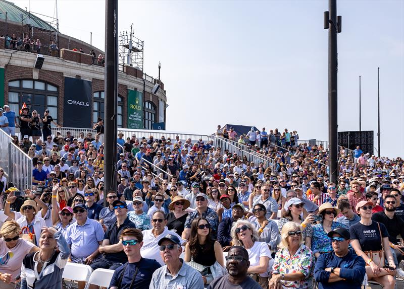 Spectators watch the racing action from the SailGP Race Stadium on Navy Pier on Race Day 2 of the Rolex United States Sail Grand Prix | Chicago - photo © Katelyn Mulcahy / SailGP