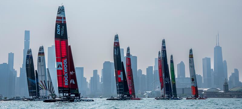 The big wingsails of the F50 fleet merge with the Chicago cityscape - Race Day 2 of the Rolex United States Sail Grand Prix | Chicago - photo © Bob Martin/SailGP