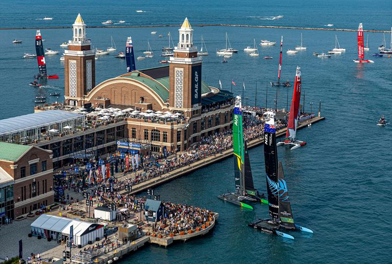 The New Zealand SailGP Team, Australia SailGP Team and Canada SailGP Team sail close to the spectators in the SailGP Race Stadium on Navy Pier  - SailGP USA Final - June  2023 - photo © Simon Bruty / SailGP