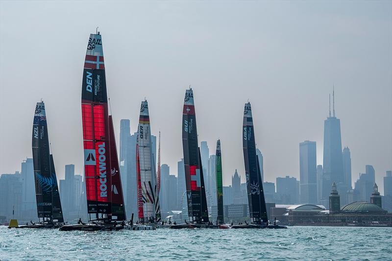 ROCKWOOL Denmark SailGP Team helmed by Nicolai Sehested sails behind the fleet as they sail toward Navy Pier on Race Day 2 of the Rolex United States Sail Grand Prix | Chicago at Navy Pier, Season 4, in Chicago, Illinois, USA photo copyright Bob Martin for SailGP taken at  and featuring the F50 class