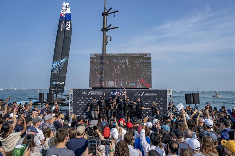 New Zealand SailGP Team celebrates winning the Rolex United States Sail Grand Prix | Chicago with the trophy on stage after Race Day 2 of the Rolex United States Sail Grand Prix | Chicago at Navy Pier, Season 4, in Chicago, Illinois, USA. 17th June photo copyright Bob Martin for SailGP taken at Chicago Yacht Club and featuring the F50 class