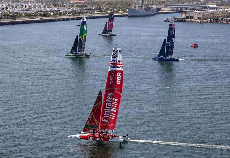 Emirates Great Britain SailGP Team, Australia SailGP Team, Denmark SailGP Team and USA SailGP Team in action during a practice session ahead of the Oracle Los Angeles Sail Grand Prix at the Port of Los Angeles, in California, USA photo copyright Felix Diemer for SailGP taken at  and featuring the F50 class