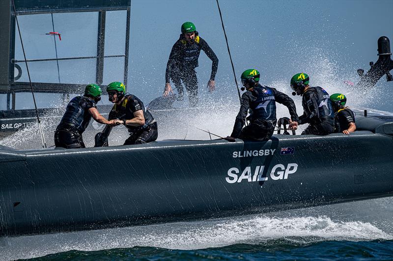 Jason Waterhouse, flight controller and tactician of Australia SailGP Team, runs across the boat as Australia SailGP Team take part in a practice session ahead of the Oracle Los Angeles Sail Grand Prix at the Port of Los Angeles, in California, USA photo copyright Ricardo Pinto for SailGP taken at  and featuring the F50 class