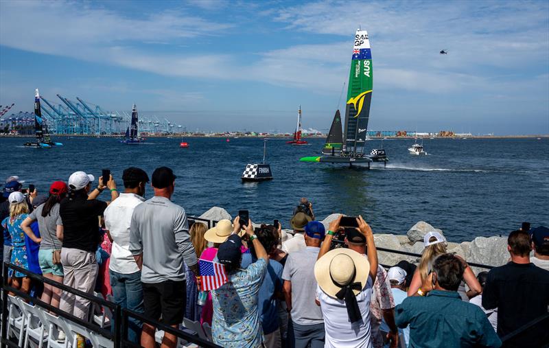 Spectators watch from the SailGP Race Stadium as Australia SailGP Team sail past on Race Day 1 of the Oracle Los Angeles Sail Grand Prix at the Port of Los Angeles, in California, USA. 22nd July - photo © Adam Warner for SailGP