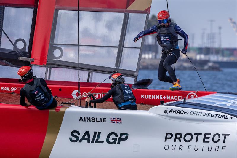 Ben Ainslie, driver of Emirates Great Britain SailGP Team, runs across the boat as Hannah Mills, strategist of Emirates Great Britain SailGP Team, take control of the wheel on Race Day 1 of the Oracle Los Angeles Sail Grand PrixCalifornia, USA. 22nd July - photo © Felix Diemer for SailGP