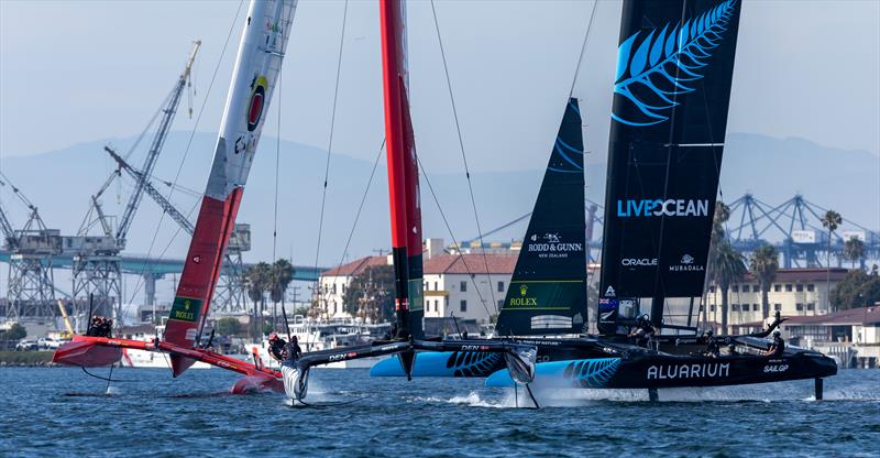 Spain SailGP Team, Switzerland SailGP Team and New Zealand SailGP Team in action on Race Day 1 of the Oracle Los Angeles Sail Grand Prix  - July 2023 photo copyright Simon Bruty/SailGP taken at Long Beach Yacht Club and featuring the F50 class