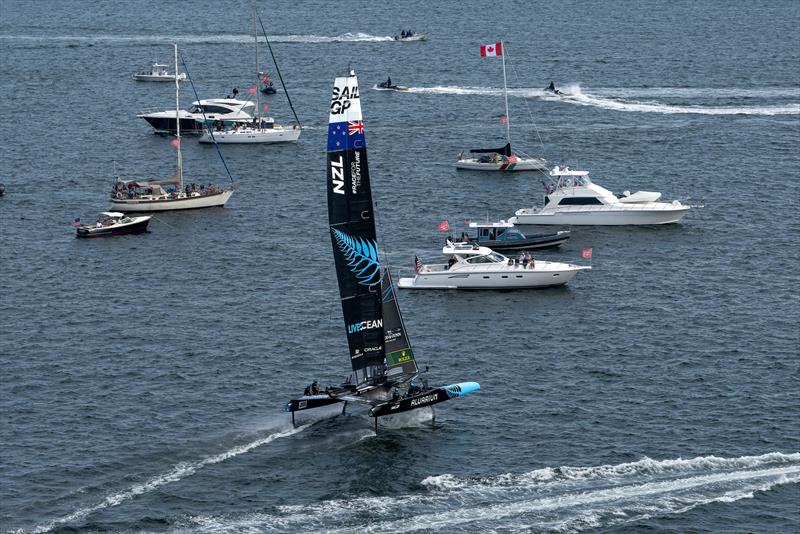 New Zealand SailGP Team sails past spectator boats in action on Race Day 1 of the Oracle Los Angeles Sail Grand Prix at the Port of Los Angeles,  July 22, 2023 photo copyright Ricardo Pinto /SailGP taken at Long Beach Yacht Club and featuring the F50 class