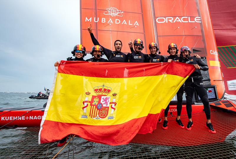 Spain SailGP Team helmed by Diego Botin pose for a photograph aboard their F50 catamaran as they celebrate winning the Oracle Los Angeles Sail Grand Prix at the Port of Los Angeles, in California photo copyright Ricardo Pinto for SailGP taken at Los Angeles Yacht Club and featuring the F50 class