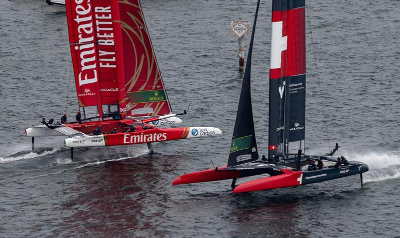Emirates Great Britain SailGP Team helmed by Ben Ainslie and Switzerland SailGP Team helmed by Sebastien Schneiter in action on Race Day 2 of the Oracle Los Angeles Sail Grand Prix at the Port of Los Angeles, in California, USA - photo © Felix Diemer for SailGP