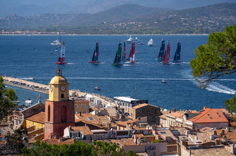 A view overlooking the bell tower and old town of Saint-Tropez as the SailGP fleet are in action during a practice session of the France Sail Grand Prix in Saint-Tropez, France. 8th September photo copyright Andrew Baker for SailGP taken at  and featuring the F50 class