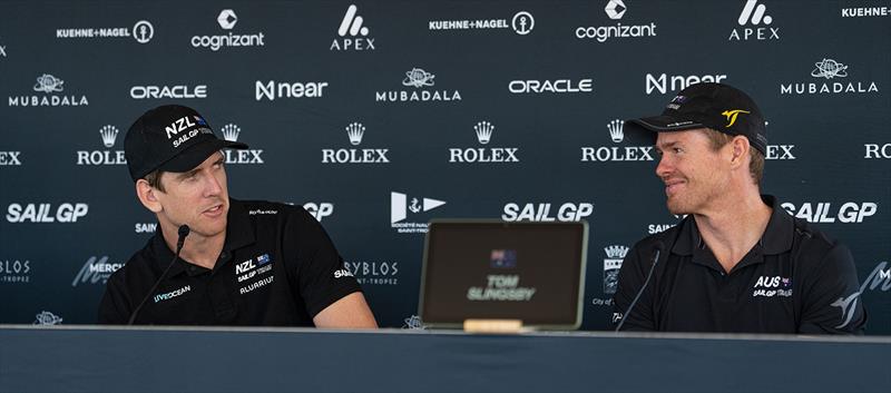 Peter Burling, Co-CEO and driver of New Zealand SailGP Team, and Tom Slingsby, CEO and driver of Australia SailGP Team, speak to the media in a pre-event press conference ahead of the France Sail Grand Prix in Saint-Tropez, France. 8th September photo copyright Andrew Baker for SailGP taken at  and featuring the F50 class